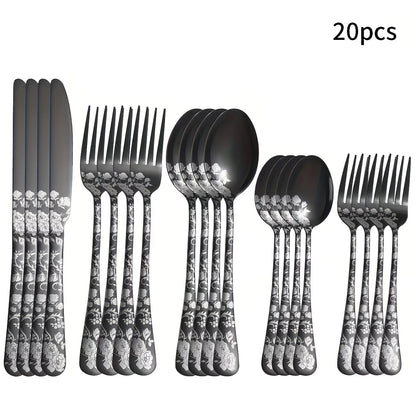 20 Pieces of Stainless Steel Tableware Set with Floral Pattern